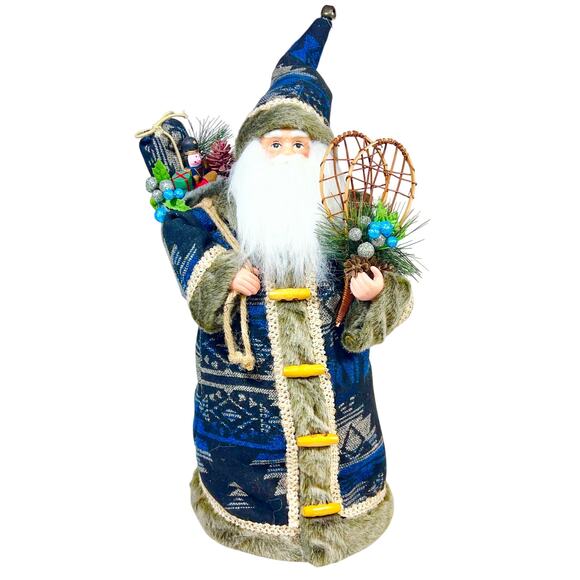 24 inch Santa Tree Topper Blue Fur Coat And Cap With Toy Bag Ski Boots - Picture 1 of 12